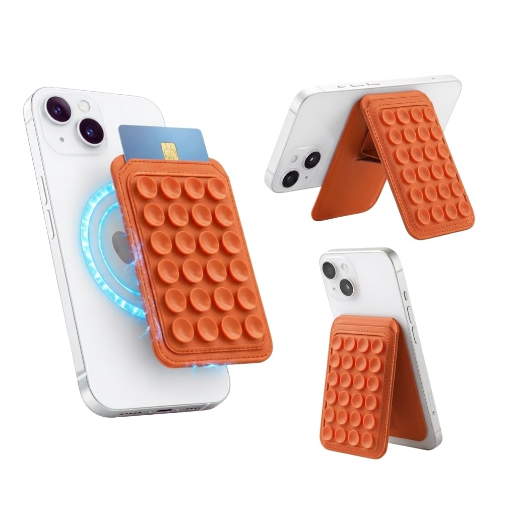 4-in-1 Magnetic Silicone Suction Cup Phone Grip Mount with Card Holder, Versatile Foldable Kickstand, Hands-Free Phone Accessories for Selfies/Vlog/Makeup/Tiktok, MagSafe-Compatible (Pink)