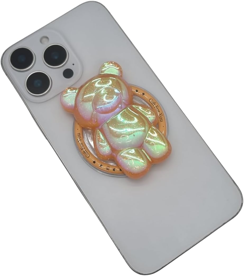 Cute Kawaii 3D Bear Phone Grip Stand, Iridescent Holographic Resin Cell Phone Holder & Kickstand, Compatible with iPhone, Samsung Galaxy, Android (Amber Peach)