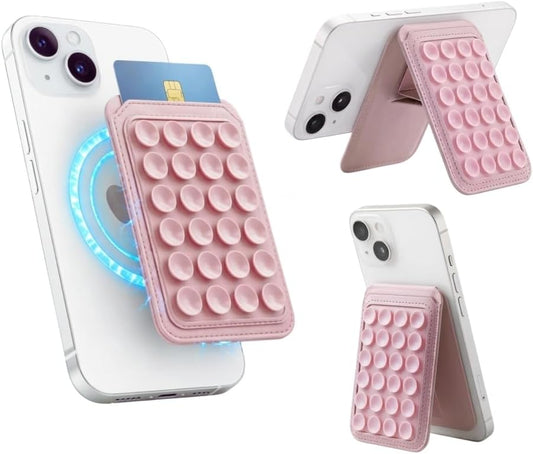 4-in-1 Magnetic Silicone Suction Cup Phone Grip Mount with Card Holder, Versatile Foldable Kickstand, Hands-Free Phone Accessories for Selfies/Vlog/Makeup/Tiktok, MagSafe-Compatible (Pink)