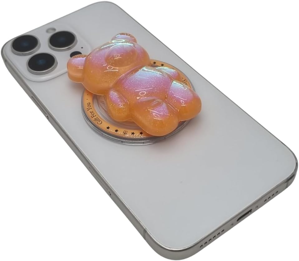 Cute Kawaii 3D Bear Phone Grip Stand, Iridescent Holographic Resin Cell Phone Holder & Kickstand, Compatible with iPhone, Samsung Galaxy, Android (Amber Peach)