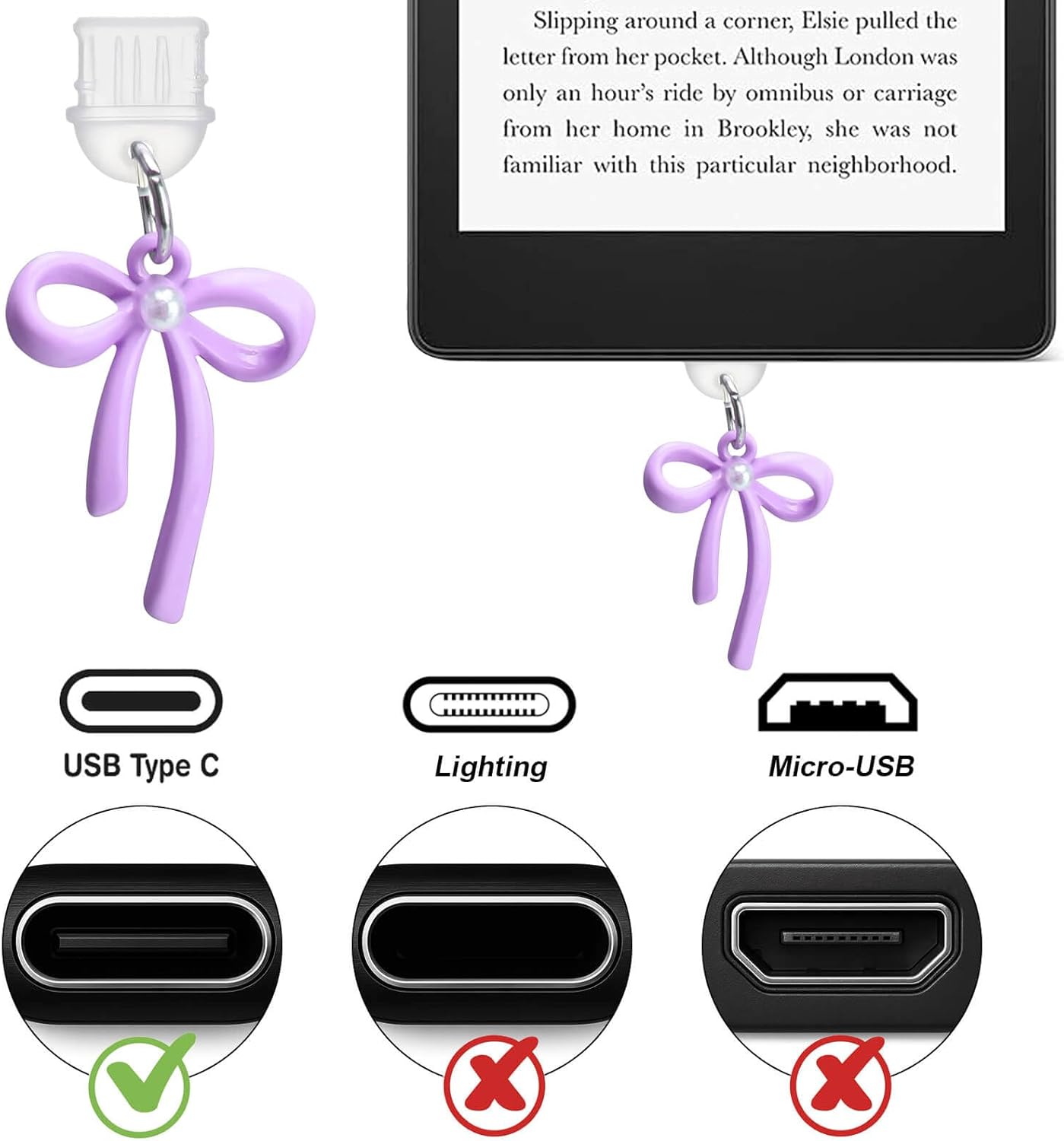AIERSA Charms Accessories for Kindle Phone, Set Include Cute Heart Grip & Bow Chain, Dust Plug Charm Type C, Compatible with Kindle Paperwhite 11th/12th Gen