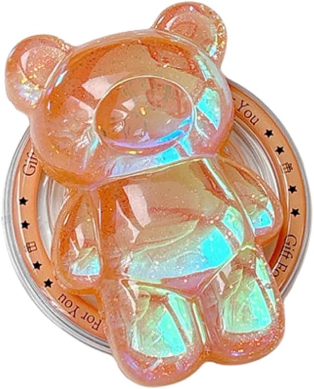 Cute Kawaii 3D Bear Phone Grip Stand, Iridescent Holographic Resin Cell Phone Holder & Kickstand, Compatible with iPhone, Samsung Galaxy, Android (Amber Peach)