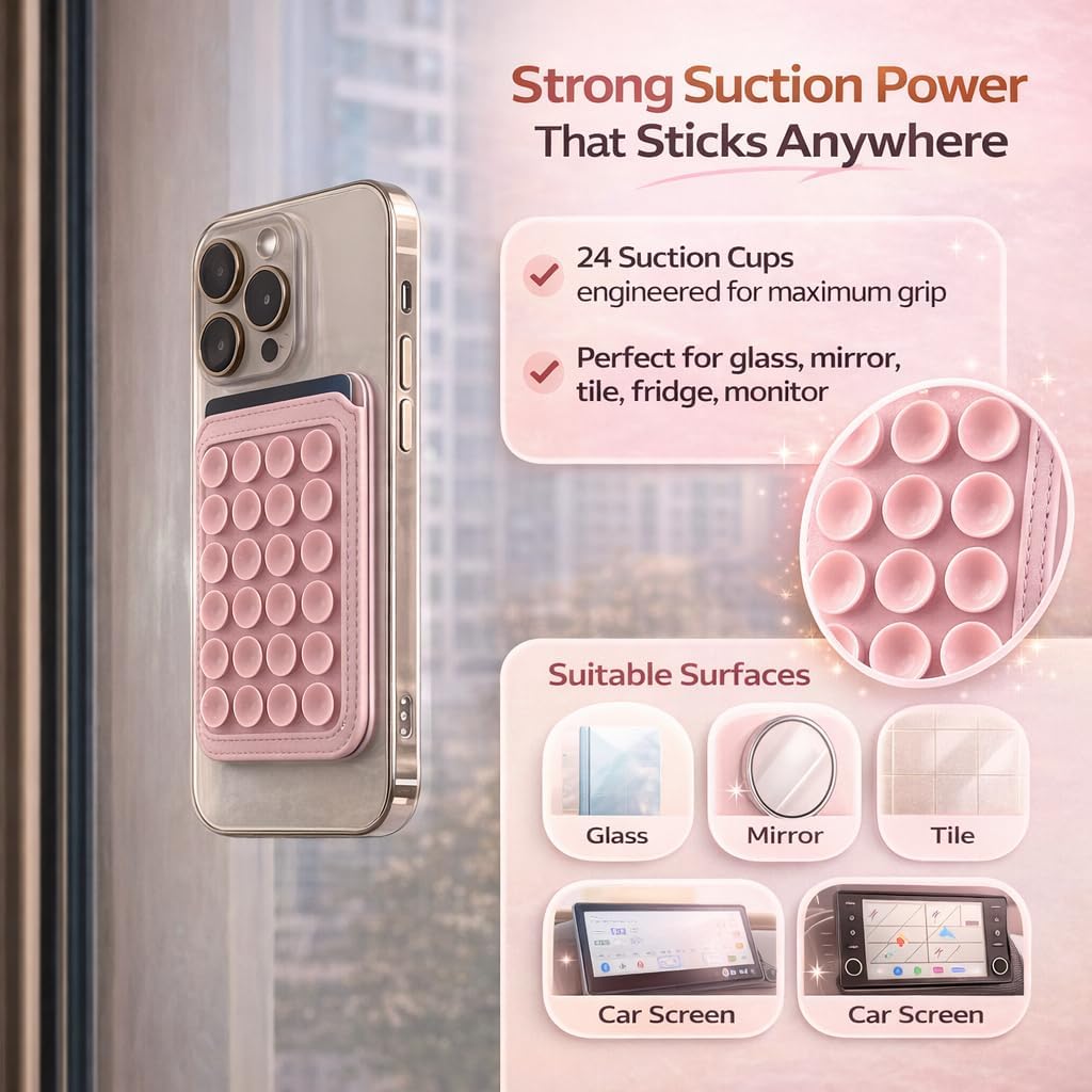 4-in-1 Magnetic Silicone Suction Cup Phone Grip Mount with Card Holder, Versatile Foldable Kickstand, Hands-Free Phone Accessories for Selfies/Vlog/Makeup/Tiktok, MagSafe-Compatible (Pink)