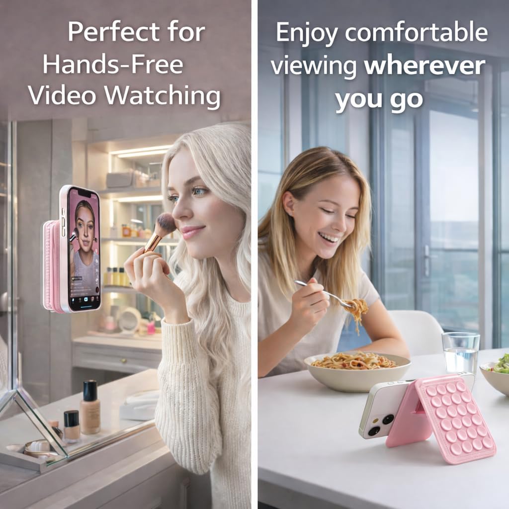 4-in-1 Magnetic Silicone Suction Cup Phone Grip Mount with Card Holder, Versatile Foldable Kickstand, Hands-Free Phone Accessories for Selfies/Vlog/Makeup/Tiktok, MagSafe-Compatible (Pink)
