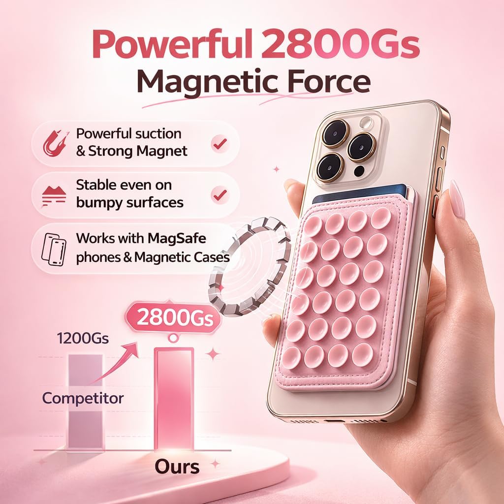 4-in-1 Magnetic Silicone Suction Cup Phone Grip Mount with Card Holder, Versatile Foldable Kickstand, Hands-Free Phone Accessories for Selfies/Vlog/Makeup/Tiktok, MagSafe-Compatible (Pink)