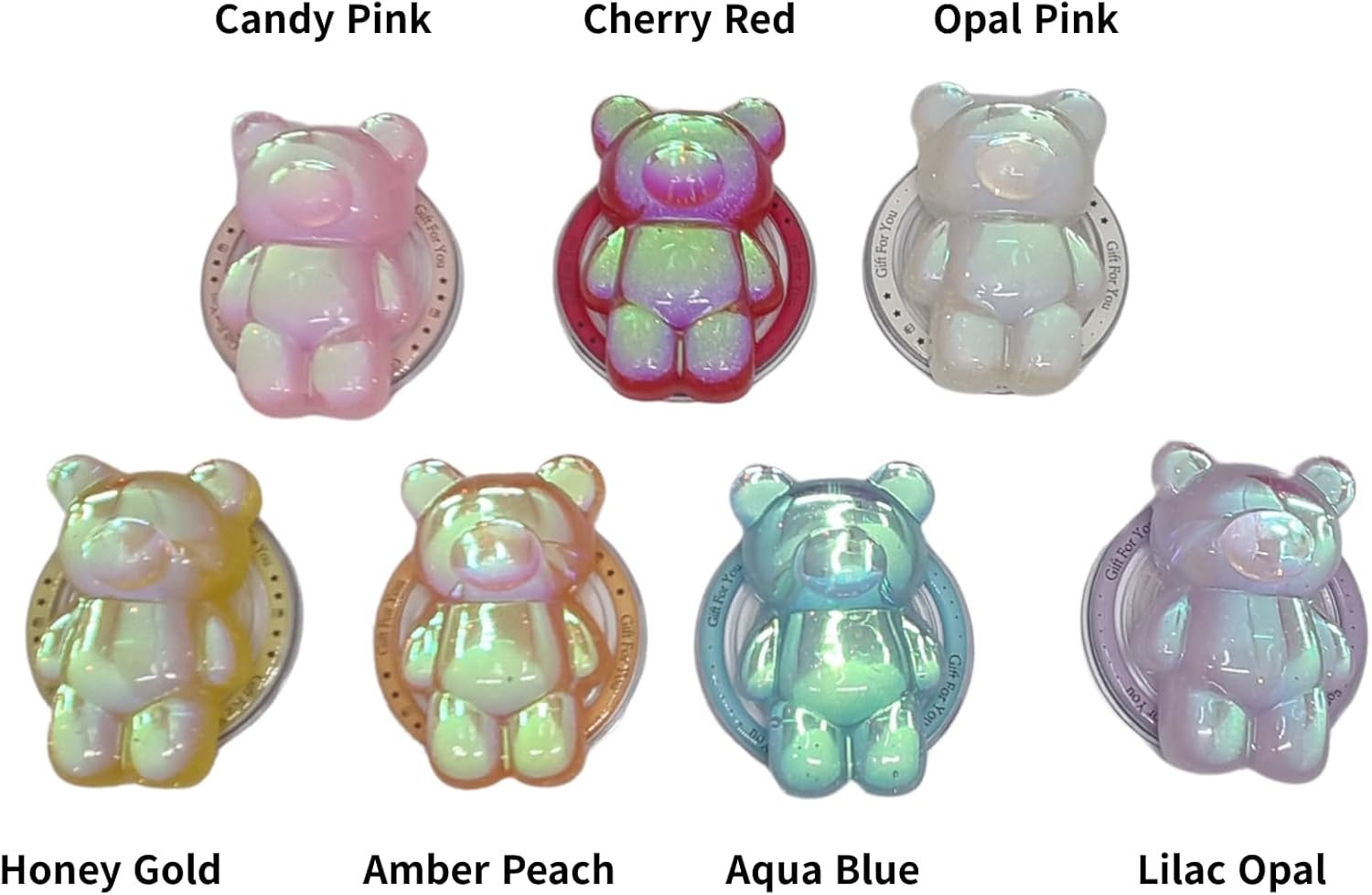 Cute Kawaii 3D Bear Phone Grip Stand, Iridescent Holographic Resin Cell Phone Holder & Kickstand, Compatible with iPhone, Samsung Galaxy, Android (Amber Peach)