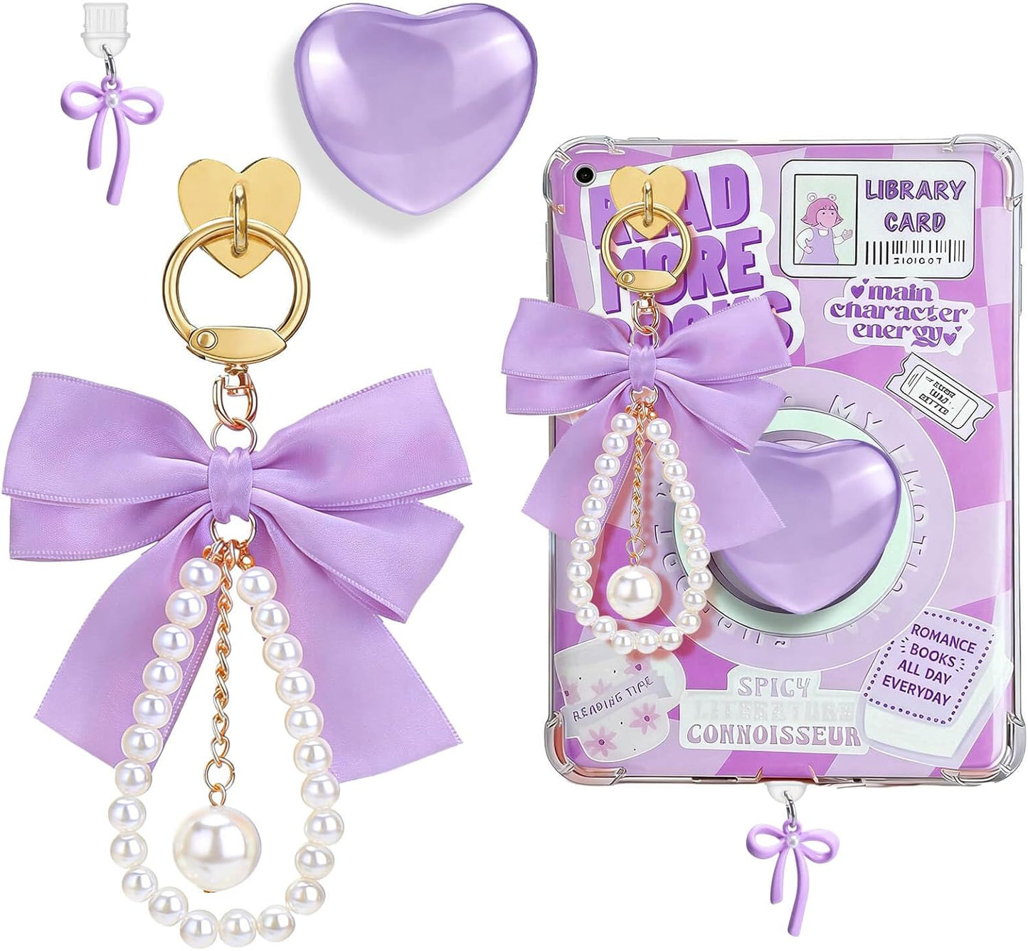 AIERSA Charms Accessories for Kindle Phone, Set Include Cute Heart Grip & Bow Chain, Dust Plug Charm Type C, Compatible with Kindle Paperwhite 11th/12th Gen