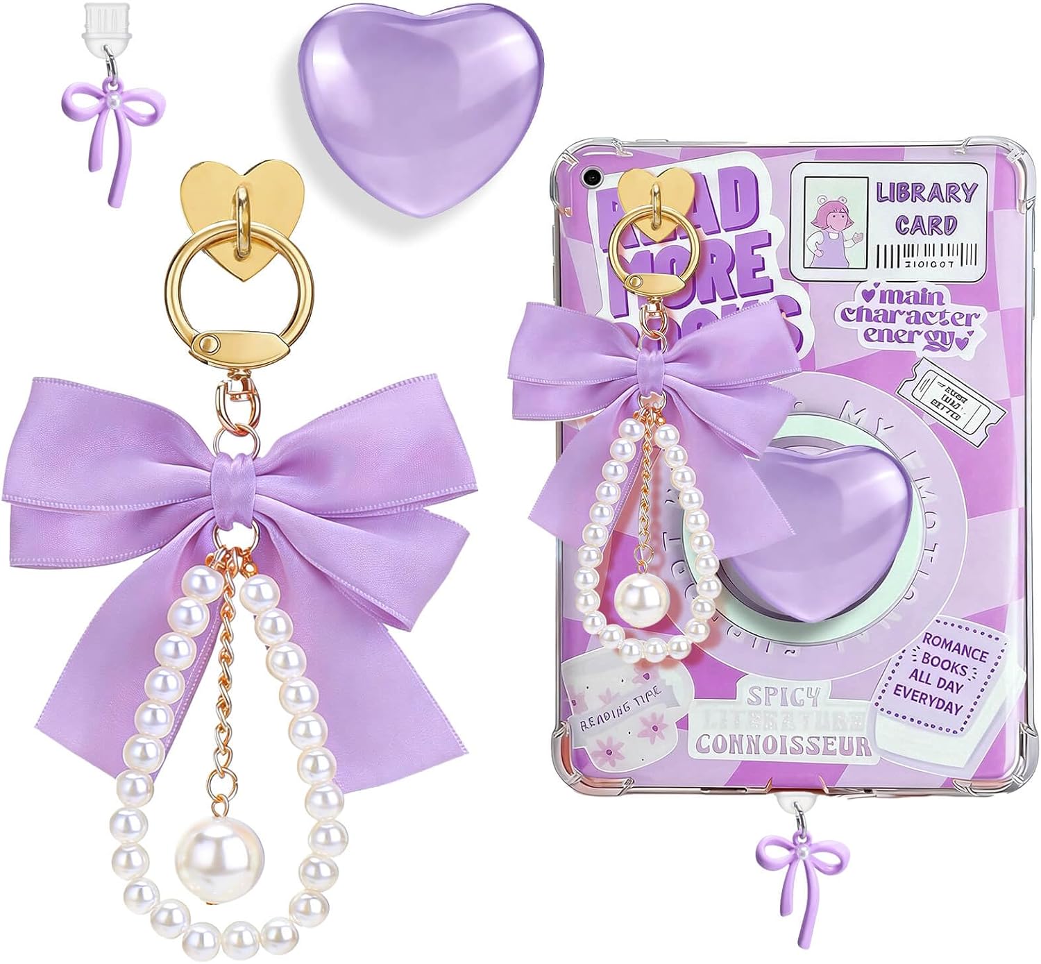 AIERSA Charms Accessories for Kindle Phone, Set Include Cute Heart Grip & Bow Chain, Dust Plug Charm Type C, Compatible with Kindle Paperwhite 11th/12th Gen