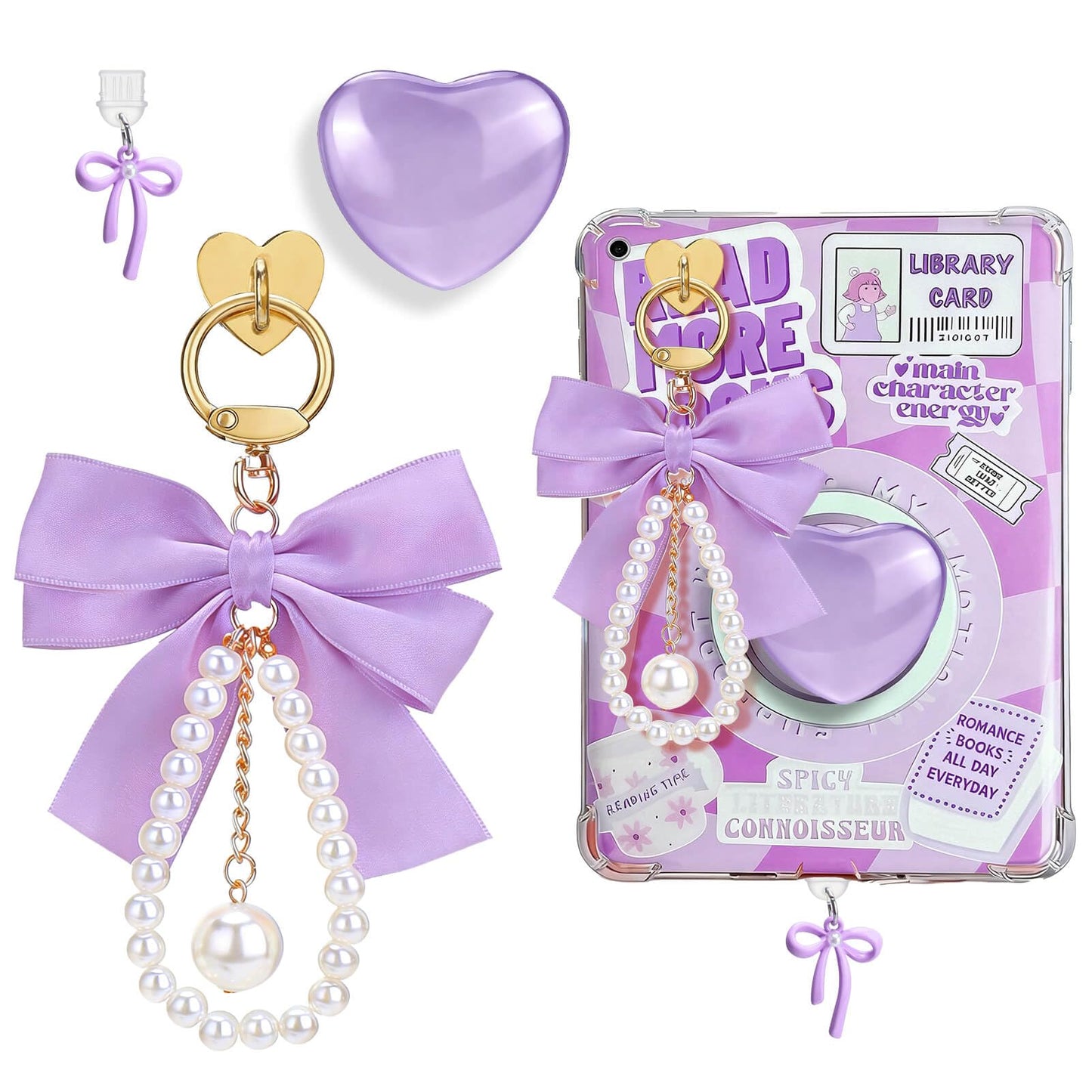 AIERSA Charms Accessories for Kindle Phone, Set Include Cute Heart Grip & Bow Chain, Dust Plug Charm Type C, Compatible with Kindle Paperwhite 11th/12th Gen