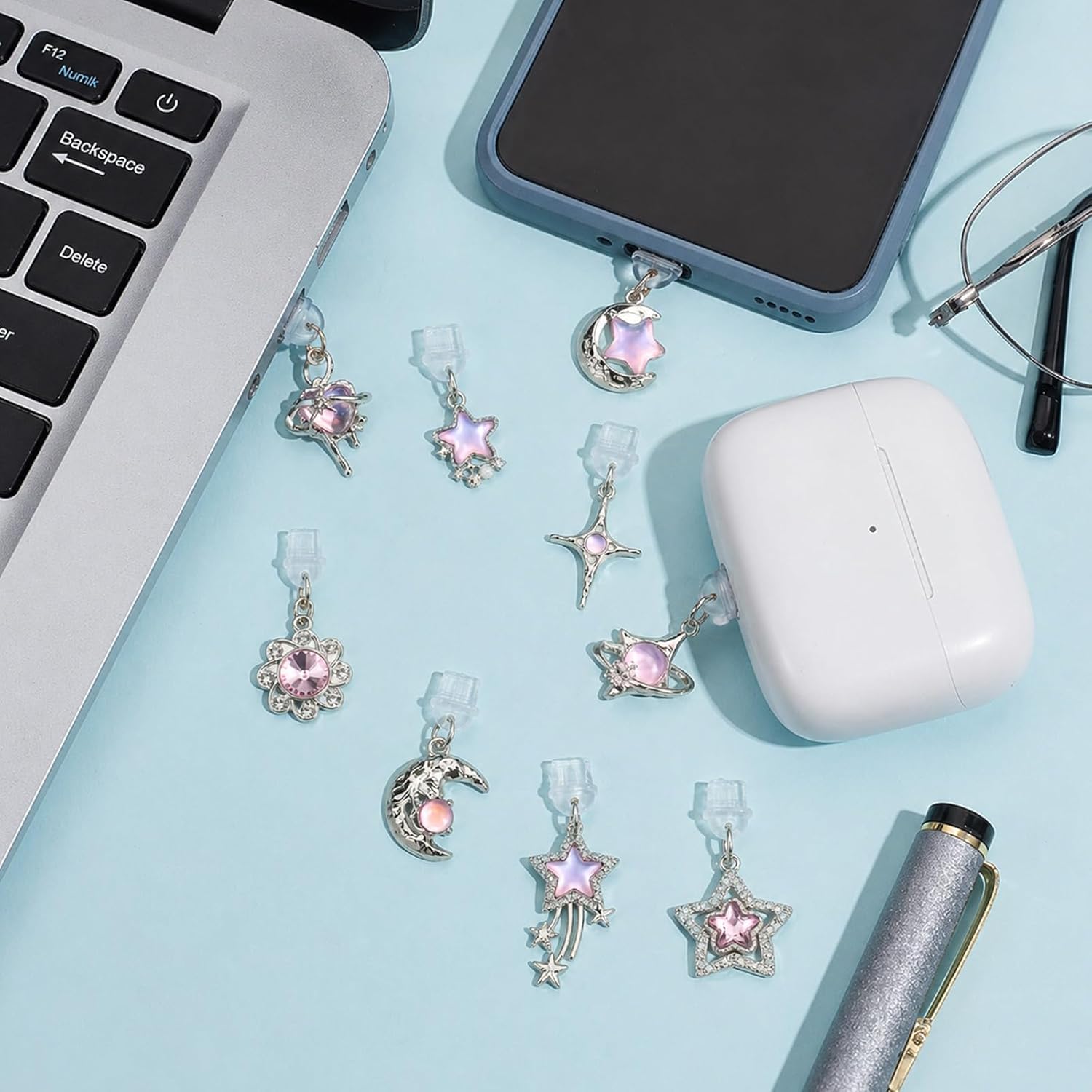10 Pcs Cute Dust Plug Charms for Kindle, Pink Star Moon Sun Design, Compatible with Kindle and Phone Dust Plug Charms Type C Charging Port, Y2K Fantasy Aesthetic Pendant Anti-Dust Decorative Set
