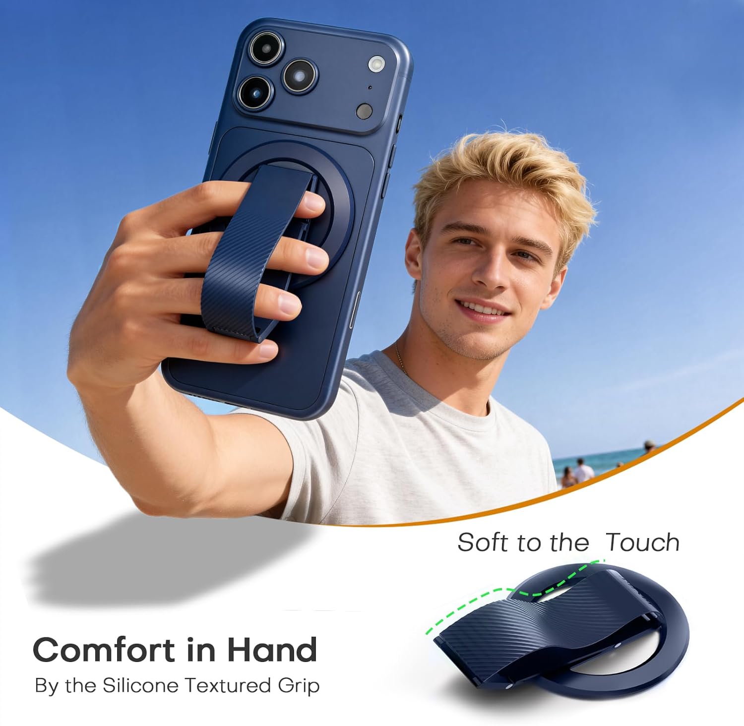 2026 SINCEHOLY Magnetic Phone Grip for MagSafe with Soft Silicone Strap and 2-axis Adjustable Kickstand, Magnet Phone Grip for iPhone 17-12 Series and Samsung Galaxy S26, S25, Z Fold 6, Pixel 9, Blue