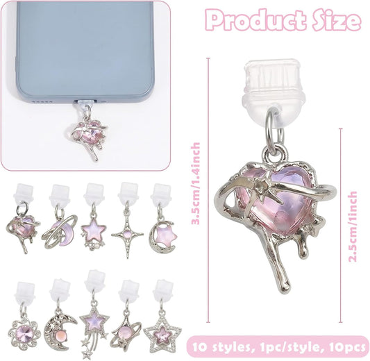 10 Pcs Cute Dust Plug Charms for Kindle, Pink Star Moon Sun Design, Compatible with Kindle and Phone Dust Plug Charms Type C Charging Port, Y2K Fantasy Aesthetic Pendant Anti-Dust Decorative Set