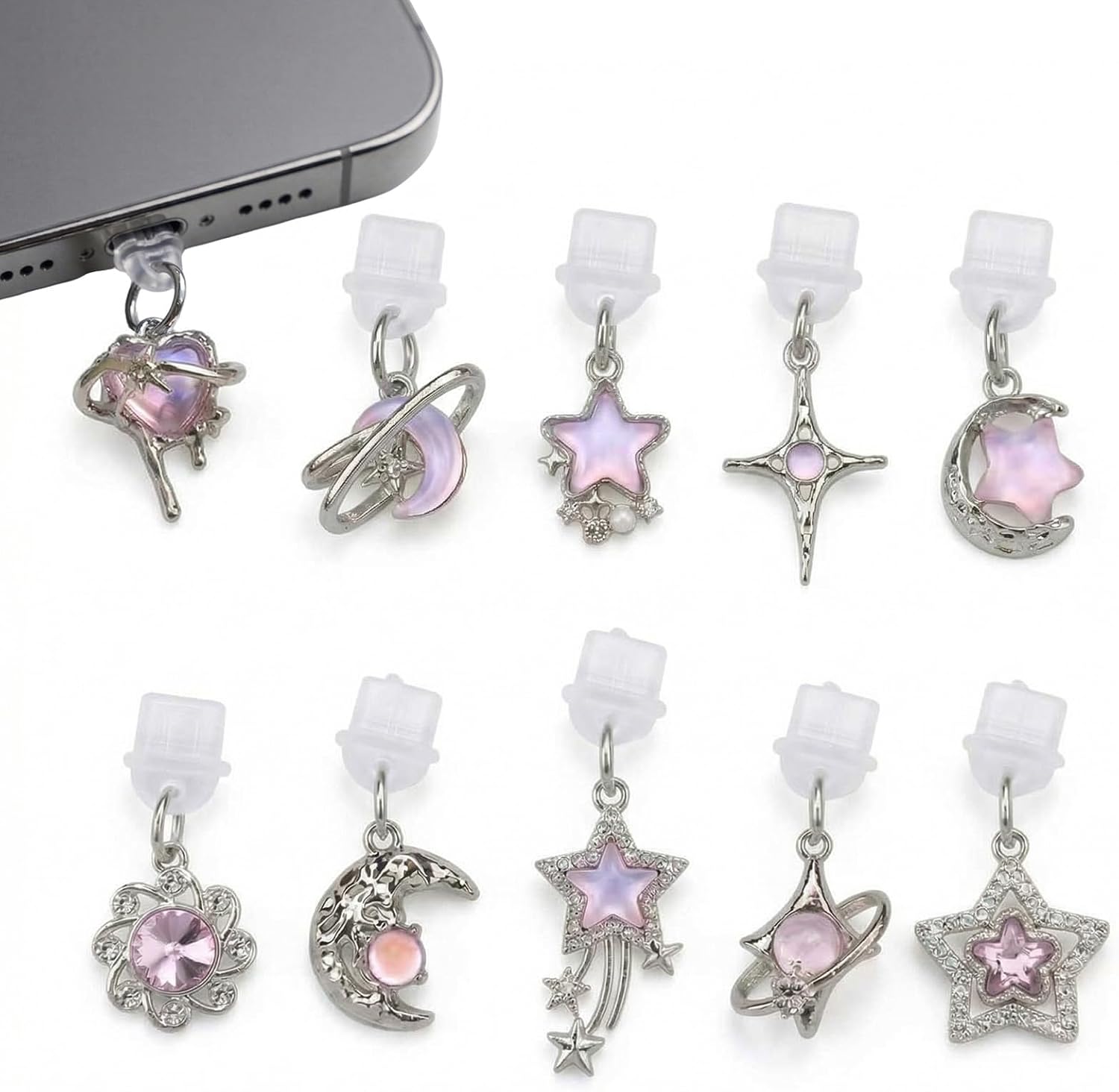 10 Pcs Cute Dust Plug Charms for Kindle, Pink Star Moon Sun Design, Compatible with Kindle and Phone Dust Plug Charms Type C Charging Port, Y2K Fantasy Aesthetic Pendant Anti-Dust Decorative Set