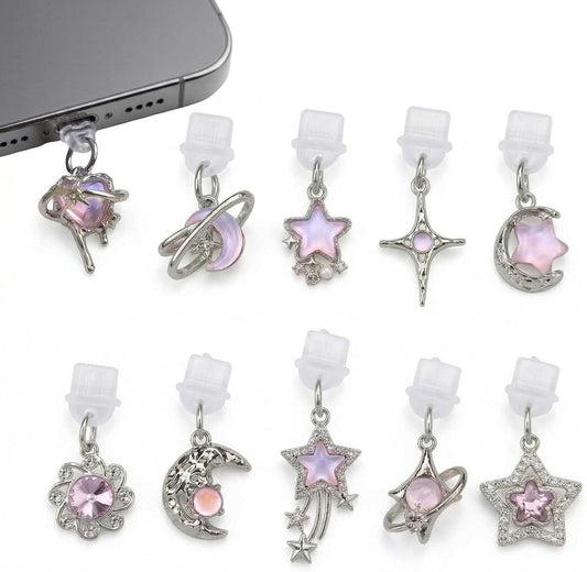 10 Pcs Cute Dust Plug Charms for Kindle, Pink Star Moon Sun Design, Compatible with Kindle and Phone Dust Plug Charms Type C Charging Port, Y2K Fantasy Aesthetic Pendant Anti-Dust Decorative Set