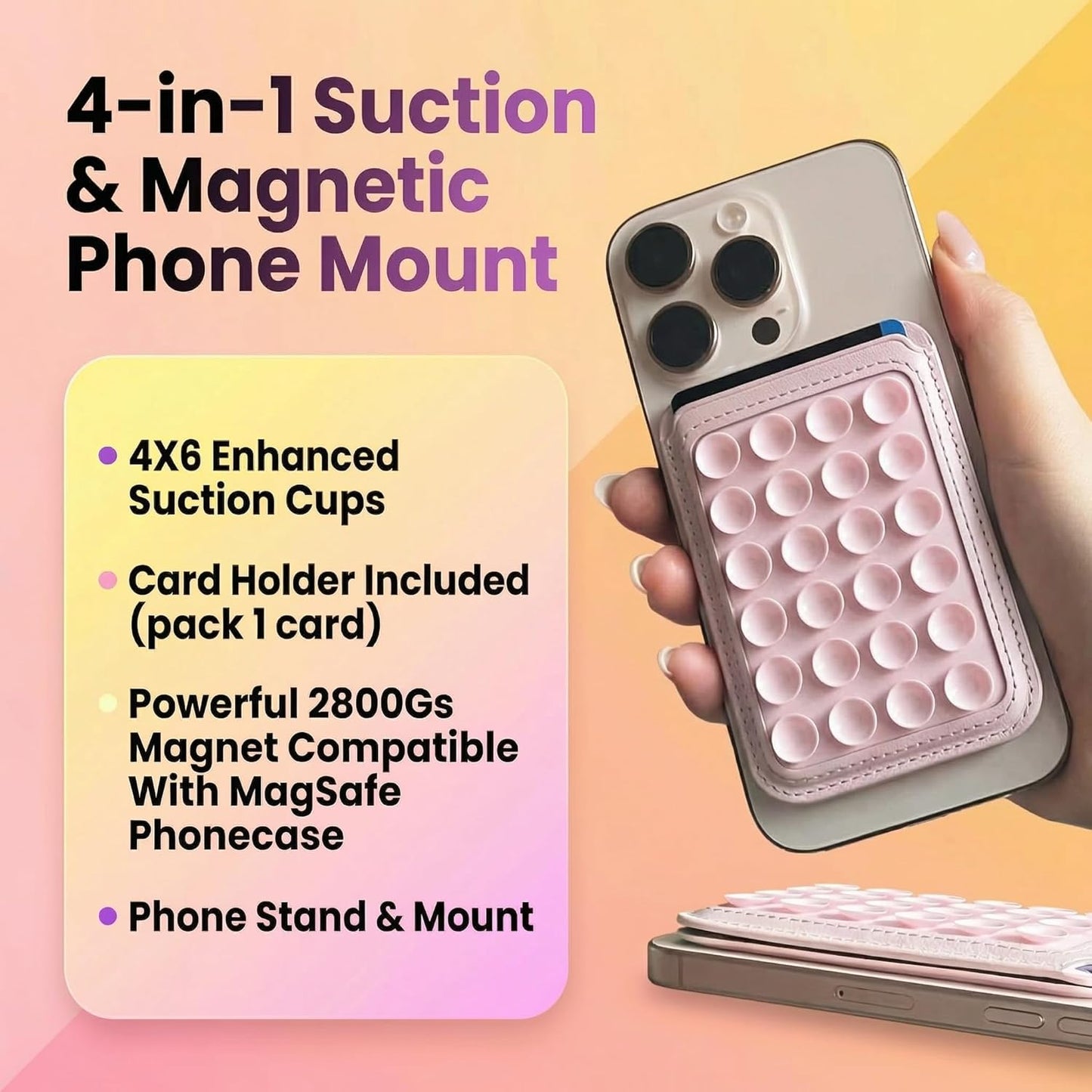 4-in-1 Magnetic Silicone Suction Cup Phone Grip Mount with Card Holder, Versatile Foldable Kickstand, Hands-Free Phone Accessories for Selfies/Vlog/Makeup/Tiktok, MagSafe-Compatible (Pink)